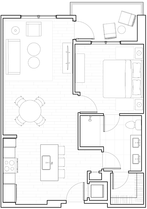 Floor plan for 1 bed, 1 bath, 714 sqft